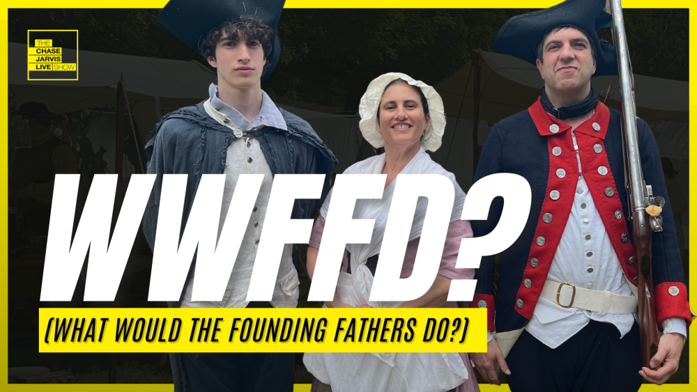 AJ Jacobs dressed in a 1700's military uniform with the words "What Would the Founding Fathers Do?"