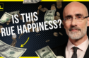 Image of Arthur Brooks with the text "Is This True Happiness?" overlayed. The background features a dynamic arrangement of falling dollar bills and coins. In the top left corner, the logo of "The Chase Jarvis Live Show" is visible, framed in a bright yellow box. Arthur Brooks is positioned on the right side, wearing glasses and a suit, looking directly at the camera with a slight smile. The overall design is intended to provoke thoughts on the relationship between money and happiness.