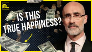 Image of Arthur Brooks with the text "Is This True Happiness?" overlayed. The background features a dynamic arrangement of falling dollar bills and coins. In the top left corner, the logo of "The Chase Jarvis Live Show" is visible, framed in a bright yellow box. Arthur Brooks is positioned on the right side, wearing glasses and a suit, looking directly at the camera with a slight smile. The overall design is intended to provoke thoughts on the relationship between money and happiness.