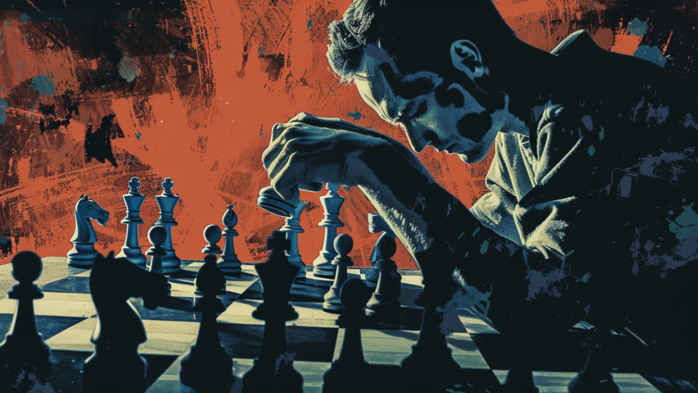 Redefining success through creative entrepreneurship. A man is deeply focused on a chess game, holding a piece above the board. The scene is bathed in dramatic lighting, casting strong shadows. The background features an abstract, gritty texture with predominantly red and dark tones, adding intensity to the image. The chess pieces and the board are in shades of blue and gray, contrasting sharply against the vibrant backdrop.