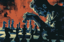 Redefining success through creative entrepreneurship. A man is deeply focused on a chess game, holding a piece above the board. The scene is bathed in dramatic lighting, casting strong shadows. The background features an abstract, gritty texture with predominantly red and dark tones, adding intensity to the image. The chess pieces and the board are in shades of blue and gray, contrasting sharply against the vibrant backdrop.