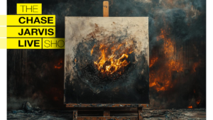 A canvas set on an easel is partially consumed by fire, with flames erupting from the center, symbolizing destruction or self-sabotage in the creative process. The background is dark and smoky, further emphasizing the intensity of the scene. On the left, bright yellow text reads "THE CHASE JARVIS LIVE SHOW," contrasting sharply with the dark, fiery image.