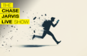 A graphic for "The Chase Jarvis LIVE Show." The text is displayed in a bold, modern font with "THE" in a small, yellow box at the top left, followed by "CHASE JARVIS LIVE SHOW" stacked vertically, each word in its own yellow box. To the right, there is a stylized silhouette of a person running while holding a mobile device. The person appears to be disintegrating into small particles as they move forward, suggesting a sense of urgency or a digital transformation theme. The background is a light beige or off-white color.