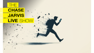 A graphic for "The Chase Jarvis LIVE Show." The text is displayed in a bold, modern font with "THE" in a small, yellow box at the top left, followed by "CHASE JARVIS LIVE SHOW" stacked vertically, each word in its own yellow box. To the right, there is a stylized silhouette of a person running while holding a mobile device. The person appears to be disintegrating into small particles as they move forward, suggesting a sense of urgency or a digital transformation theme. The background is a light beige or off-white color.