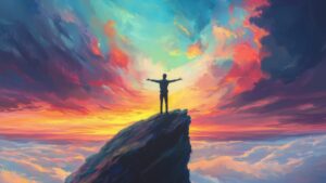 A silhouette of a person standing triumphantly on the edge of a cliff, arms outstretched, against a vibrant and colorful sky. The sky is filled with dramatic clouds in shades of blue, pink, orange, and purple, creating a breathtaking and awe-inspiring scene. The image conveys a sense of freedom, achievement, and connection with nature.