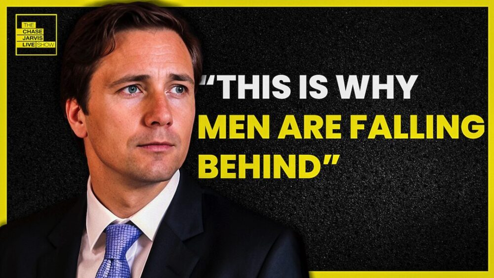 On the right side of the image, the bold text reads: “THIS IS WHY MEN ARE FALLING BEHIND” The words "THIS IS WHY" are in bold white, while "MEN ARE FALLING BEHIND" is in bold yellow. The text is set against a dark, textured background. On the left side, there is a photo of a man wearing a suit and tie, looking off to the side with a serious expression. The show's logo is displayed in the top left corner, featuring "THE CHASE JARVIS LIVE SHOW" in black text inside yellow rectangles. The entire graphic is framed by a yellow border, matching the color scheme of the text and logo.