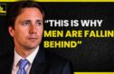 On the right side of the image, the bold text reads: “THIS IS WHY MEN ARE FALLING BEHIND” The words "THIS IS WHY" are in bold white, while "MEN ARE FALLING BEHIND" is in bold yellow. The text is set against a dark, textured background. On the left side, there is a photo of a man wearing a suit and tie, looking off to the side with a serious expression. The show's logo is displayed in the top left corner, featuring "THE CHASE JARVIS LIVE SHOW" in black text inside yellow rectangles. The entire graphic is framed by a yellow border, matching the color scheme of the text and logo.