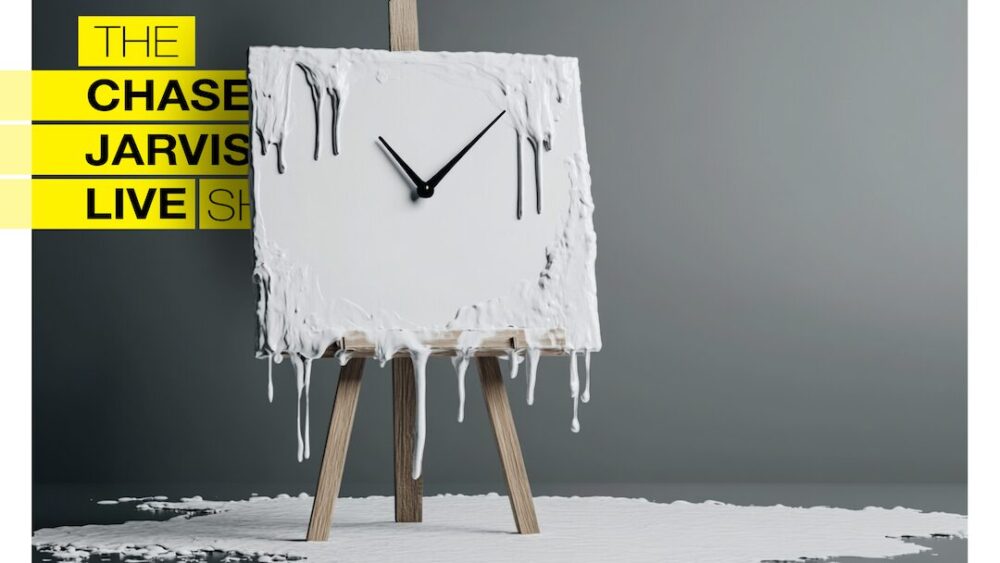 A melting white canvas on a wooden easel, with a clock face placed in the center. The clock hands are black and point outward from the center, but the white material seems to drip and melt off the edges of the canvas, pooling at the base. The background is gray, providing a stark contrast to the melting white substance. To the left of the canvas, yellow and black text reads: "The Chase Jarvis Live Show," with the words stacked vertically in a bold, modern font. The overall composition evokes a surreal and creative aesthetic.