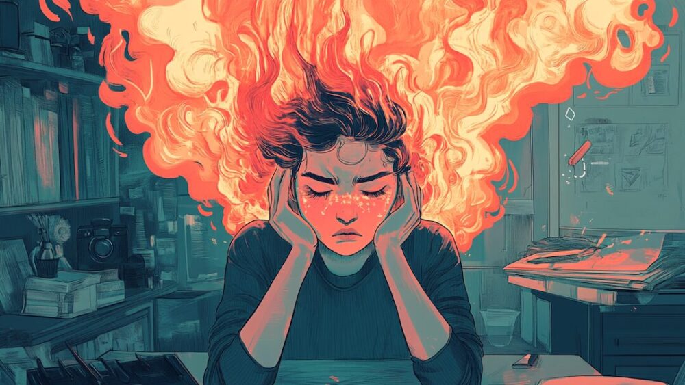 A person sitting at a desk, holding their head in frustration, while flames seem to emerge from their head, symbolizing intense mental stress or burnout. The fiery scene contrasts with the calm surroundings of a room filled with books and papers, enhancing the feeling of overwhelming mental exhaustion. The expression on the person's face shows deep concentration or distress, and the bright colors of the flames highlight the inner turmoil they are experiencing.