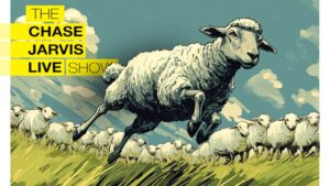 Illustration of a sheep breaking away from the herd, running in the opposite direction across a green field under a blue sky with clouds. The text 'The Chase Jarvis Live Show' is displayed in bold yellow and black on the left side.