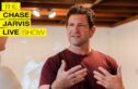 Chase Jarvis in mid-conversation, gesturing with his hands, wearing a casual maroon t-shirt. The background appears to be an indoor space with wooden beams on the ceiling and soft lighting. On the left side, a bold yellow and black graphic reads "THE CHASE JARVIS LIVE SHOW," with each word stacked in a column. The scene conveys an energetic and engaging atmosphere, with Chase passionately explaining something to the person in front of him.