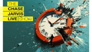 A shattered red clock with broken glass pieces flying outward, symbolizing the concept of breaking free from traditional time management constraints. The image is paired with the bold yellow text: 'The Chase Jarvis LIVE Show' with the word 'Show' crossed out, suggesting a redefinition of the format.