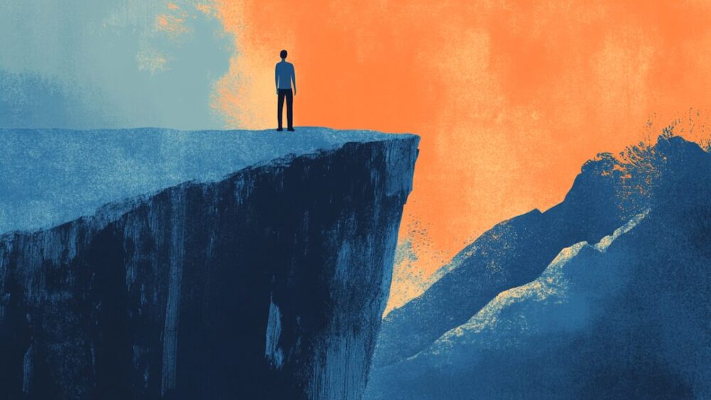 Illustration of a person standing at the edge of a high cliff, gazing out over distant mountains under an orange sky, symbolizing contemplation, choice, and risk.