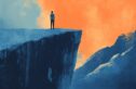 Illustration of a person standing at the edge of a high cliff, gazing out over distant mountains under an orange sky, symbolizing contemplation, choice, and risk.