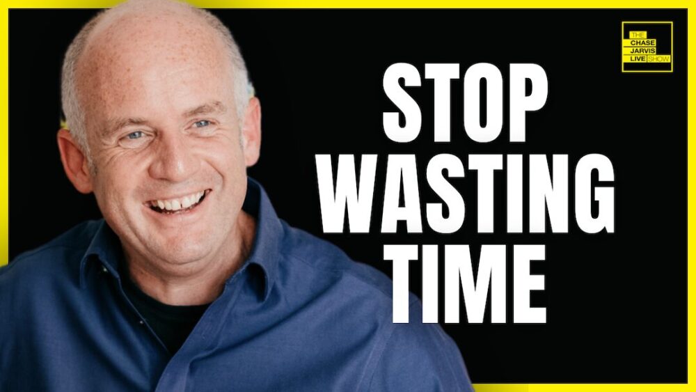 A smiling man in a blue shirt, positioned against a black background with bold white text on the right that reads "STOP WASTING TIME." In the upper right corner, a yellow box contains the logo "The Chase Jarvis LIVE Show." The image has a bright yellow border.