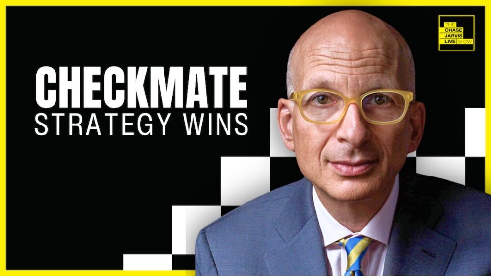 a portrait of Seth Godin, a bald man wearing yellow glasses and a blue suit with a yellow and blue striped tie. The background is predominantly black with a checkered pattern (black and white squares) along the right edge, creating a chessboard effect. The text reads "CHECKMATE STRATEGY WINS" in bold white capital letters, positioned to the left of the image. The thumbnail has a yellow border, and in the top right corner, there is a small yellow logo that says "THE CHASE JARVIS LIVE SHOW.