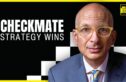 a portrait of Seth Godin, a bald man wearing yellow glasses and a blue suit with a yellow and blue striped tie. The background is predominantly black with a checkered pattern (black and white squares) along the right edge, creating a chessboard effect. The text reads "CHECKMATE STRATEGY WINS" in bold white capital letters, positioned to the left of the image. The thumbnail has a yellow border, and in the top right corner, there is a small yellow logo that says "THE CHASE JARVIS LIVE SHOW.