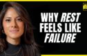 A portrait of Israa Nasir, a psychotherapist, set against a black background with bold white text that reads, "Why Rest Feels Like Failure," framed by a yellow border and a small "The Chase Jarvis Live Show" logo in the top-right corner.