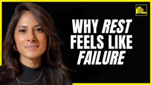 A portrait of Israa Nasir, a psychotherapist, set against a black background with bold white text that reads, "Why Rest Feels Like Failure," framed by a yellow border and a small "The Chase Jarvis Live Show" logo in the top-right corner.