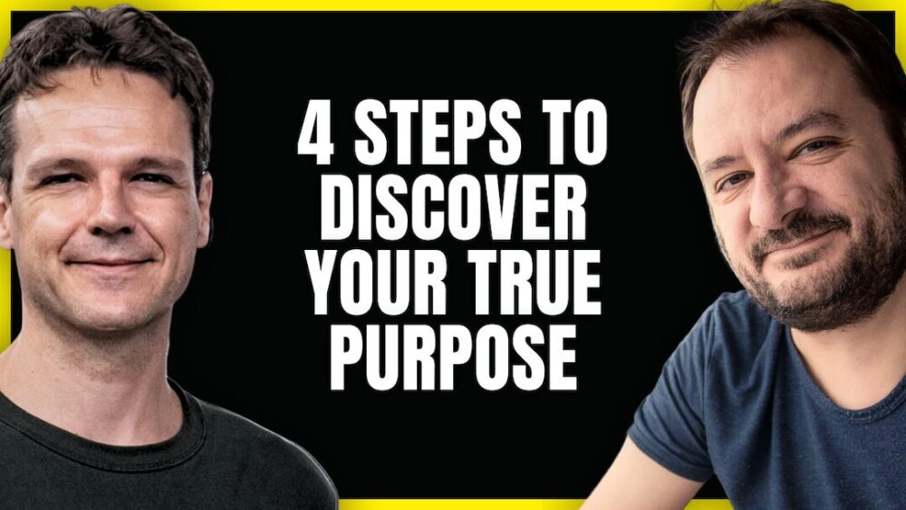 Héctor García and Francesc Miralles smiling, with bold text in the center reading '4 Steps to Discover Your True Purpose' on a black background. Framed with a yellow border, creating a high-contrast, engaging design.