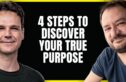 Héctor García and Francesc Miralles smiling, with bold text in the center reading '4 Steps to Discover Your True Purpose' on a black background. Framed with a yellow border, creating a high-contrast, engaging design.