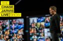 Keith Ferrazzi speaking on stage in front of a large, vibrant screen displaying multiple video call participants, with 'The Chase Jarvis Live Show' logo in bold yellow and black text on the left.