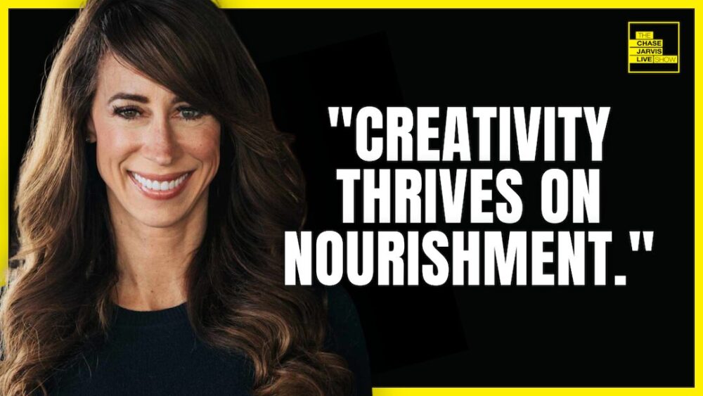 A promotional graphic for The Chase Jarvis Live Show featuring Melissa Urban. The image includes a smiling portrait of Melissa Urban on a black background with bold white text that reads: 'Creativity thrives on nourishment.' The show's logo is positioned in the top-right corner with a yellow outline.